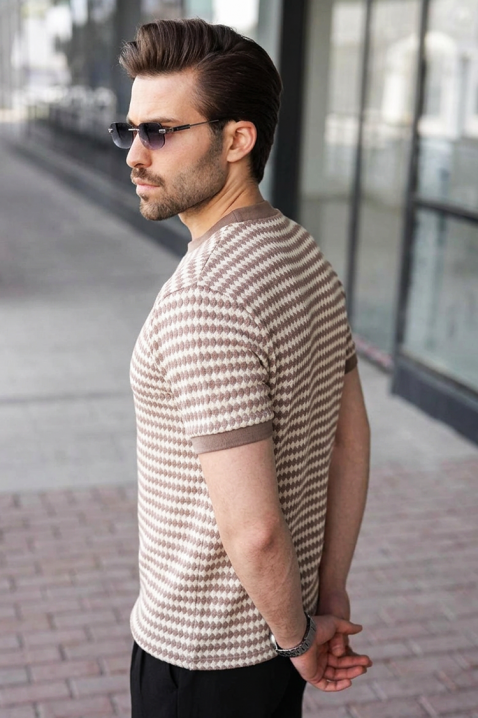 Tricou bărbătesc cu textură în relief și model geometric bicolor RENAVIO, Culoare: alb cu bej, IVET.RO - Reduceri de până la -80%