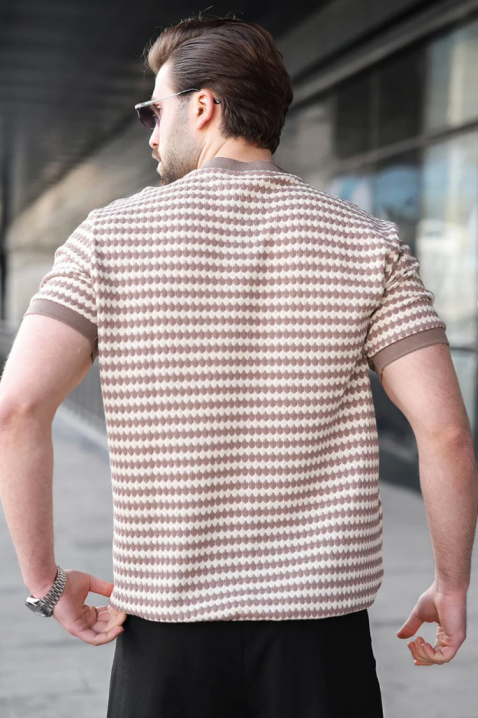 Tricou bărbătesc cu textură în relief și model geometric bicolor RENAVIO, Culoare: alb cu bej, IVET.RO - Reduceri de până la -80%