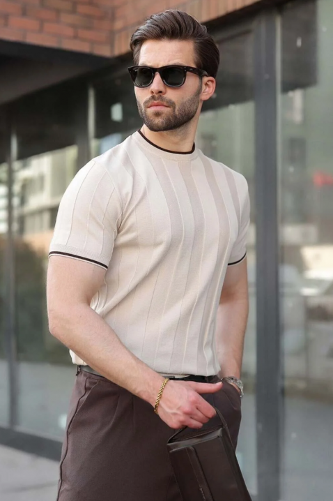 Tricou bărbătesc stilat cu dungi verticale texturate și detalii contrastante SANDRIO, Culoare: bej, IVET.RO - Reduceri de până la -80%