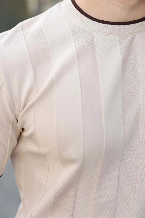 Tricou bărbătesc stilat cu dungi verticale texturate și detalii contrastante SANDRIO, Culoare: bej, IVET.RO - Reduceri de până la -80%