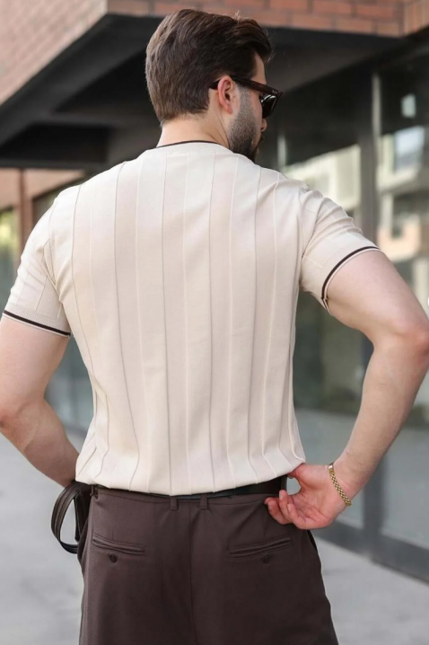 Tricou bărbătesc stilat cu dungi verticale texturate și detalii contrastante SANDRIO, Culoare: bej, IVET.RO - Reduceri de până la -80%