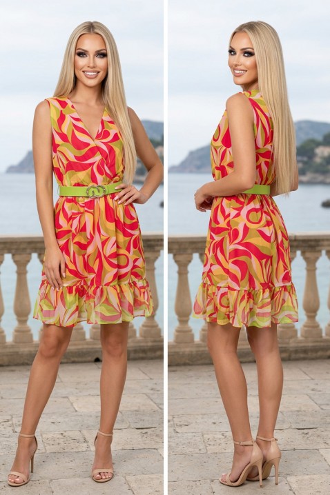 Rochie scurtă vaporoasă cu decolteu petrecut, curea și print artistic SEBRINIA PINK, Culoare: multicolor, IVET.RO - Reduceri de până la -80%