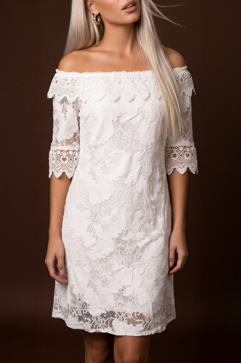 Rochie scurtă din dantelă cu umeri căzuți și mânecă 3/4 AMADIRA WHITE, Culoare: alb, IVET.RO - Reduceri de până la -80%