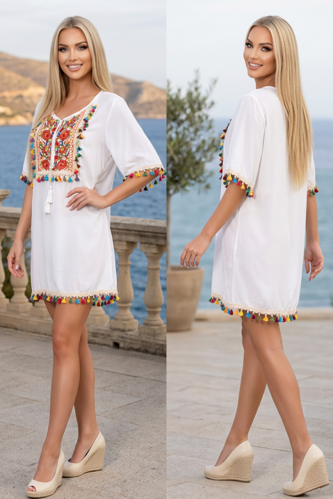 Rochie boho tip tunică cu broderie etno și ciucuri colorați EROSALIA WHITE, Culoare: alb, IVET.RO - Reduceri de până la -80%