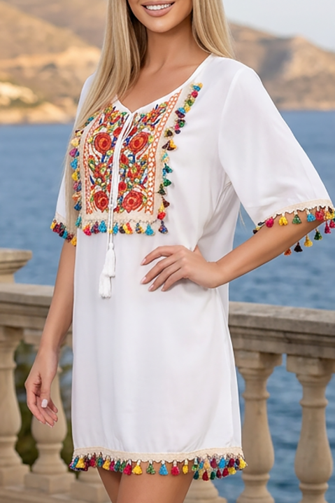 Rochie boho tip tunică cu broderie etno și ciucuri colorați EROSALIA WHITE, Culoare: alb, IVET.RO - Reduceri de până la -80%