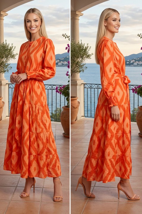 Rochie lungă, evazată, cu imprimeu artistic și curea ORSAVELA ORANGE, Culoare: portocaliu, IVET.RO - Reduceri de până la -80%