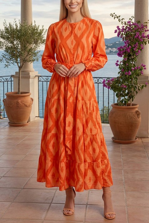 Rochie lungă, evazată, cu imprimeu artistic și curea ORSAVELA ORANGE, Culoare: portocaliu, IVET.RO - Reduceri de până la -80%