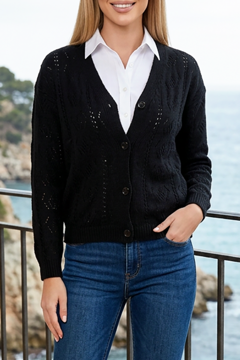 Cardigan tricotat pentru femei cu model ajurat și nasturi FAVORINIA BLACK, Culoare: negru, IVET.RO - Reduceri de până la -80%