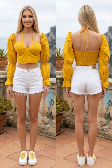 Bluză scurtă tip bustieră cu mâneci bufante AMAREVIA MUSTARD, Culoare: muștar, IVET.RO - Reduceri de până la -80%