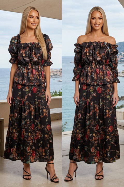 Set de damă cu imprimeu floral și bluză cu umeri goi LIMERIA BLACK, Culoare: negru, IVET.RO - Reduceri de până la -80%