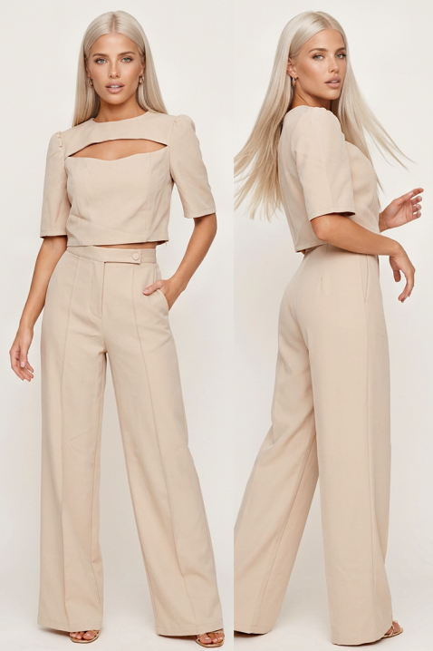 Set pentru femei cu top scurt cu detaliu decupat spectaculos și pantaloni largi cu talie înaltă DANESIA BEIGE, Culoare: bej, IVET.RO - Reduceri de până la -80%