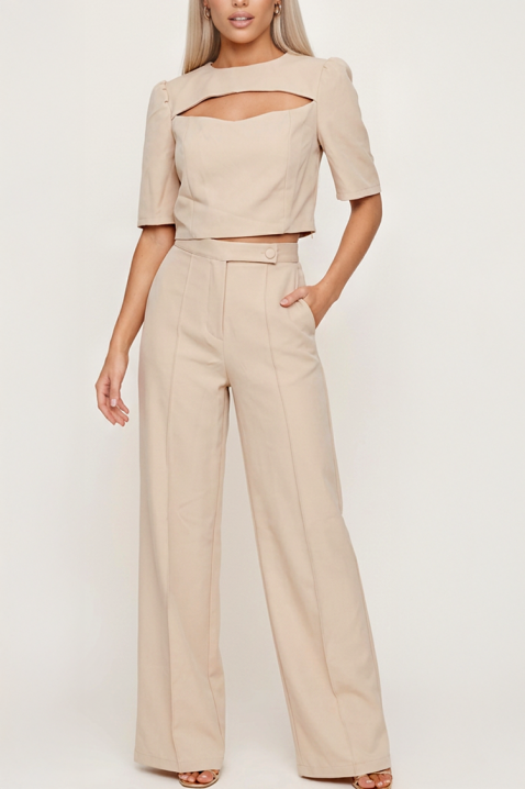 Set pentru femei cu top scurt cu detaliu decupat spectaculos și pantaloni largi cu talie înaltă DANESIA BEIGE, Culoare: bej, IVET.RO - Reduceri de până la -80%