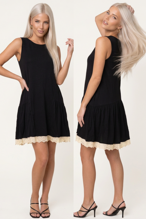 Rochie scurtă fără mâneci cu volan evazat și bordură din dantelă NOREVIA BLACK, Culoare: negru, IVET.RO - Reduceri de până la -80%
