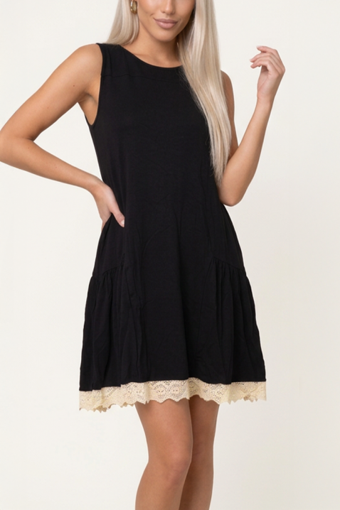 Rochie scurtă fără mâneci cu volan evazat și bordură din dantelă NOREVIA BLACK, Culoare: negru, IVET.RO - Reduceri de până la -80%