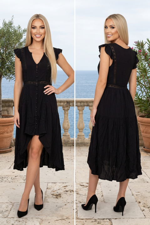Rochie asimetrică cu detalii din dantelă, volane și nasturi LORAVENA BLACK, Culoare: negru, IVET.RO - Reduceri de până la -80%
