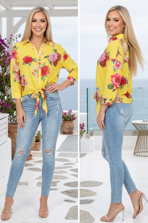 Cămașă damă cu imprimeu floral accentuat și legare în față FAVENORA YELLOW, Culoare: galben, IVET.RO - Reduceri de până la -80%