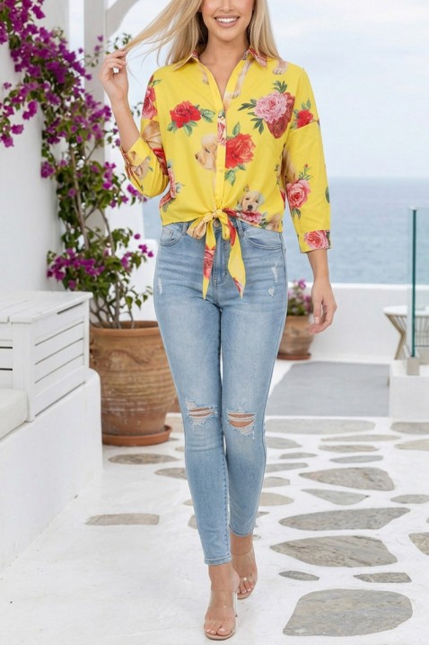 Cămașă damă cu imprimeu floral accentuat și legare în față FAVENORA YELLOW, Culoare: galben, IVET.RO - Reduceri de până la -80%