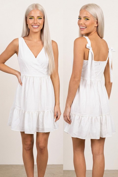 Rochie scurtă cu decolteu petrecut, legături pe umeri și volan AMELINZA WHITE, Culoare: alb, IVET.RO - Reduceri de până la -80%