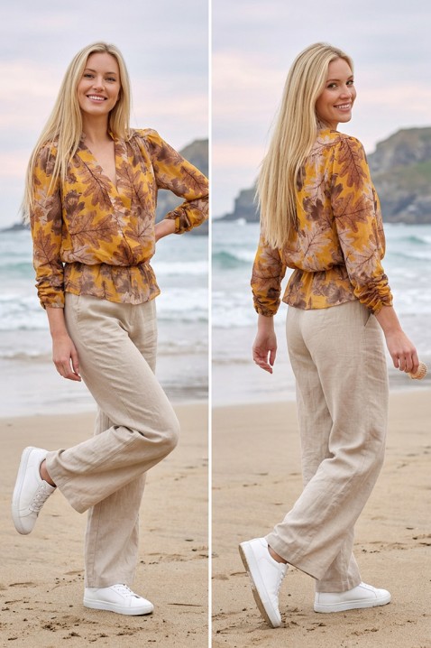 Bluză cu decolteu petrecut și print de toamnă AURELIZA MUSTARD, Culoare: muștar, IVET.RO - Reduceri de până la -80%