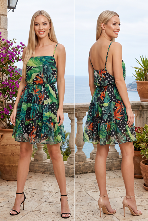 Rochie scurtă delicată cu floral print, bretele subțiri și fustă în straturi ELIVERA BLACK, Culoare: negru, IVET.RO - Reduceri de până la -80%