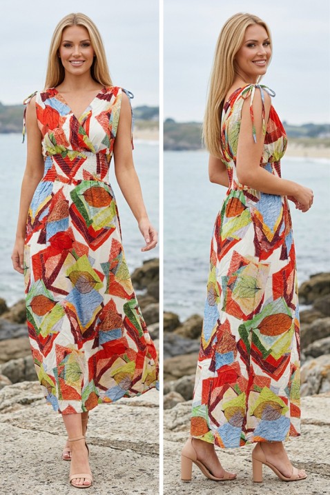 Rochie midi cu legături pe umeri și imprimeu artistic VIRELORA RED, Culoare: multicolor, IVET.RO - Reduceri de până la -80%