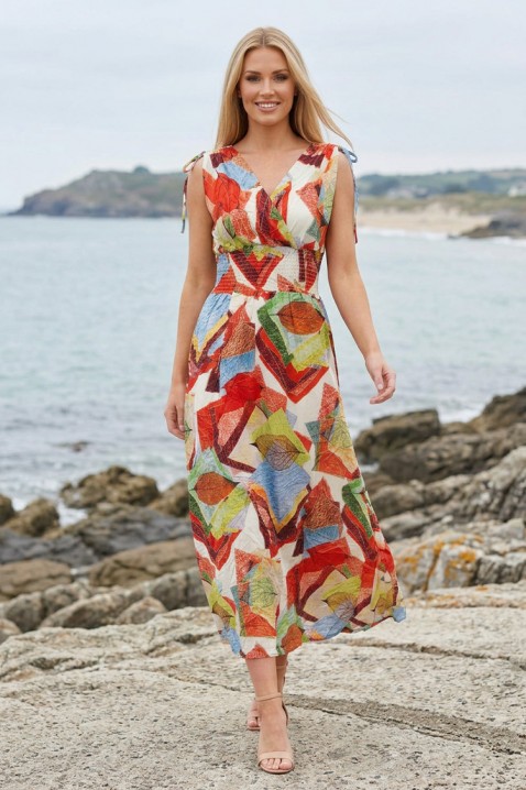Rochie midi cu legături pe umeri și imprimeu artistic VIRELORA RED, Culoare: multicolor, IVET.RO - Reduceri de până la -80%