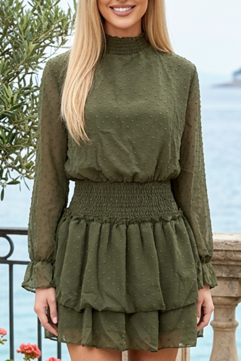 Rochie scurtă, evazată, din șifon texturat cu volane ROZETA KHAKI, Culoare: khaki, IVET.RO - Reduceri de până la -80%