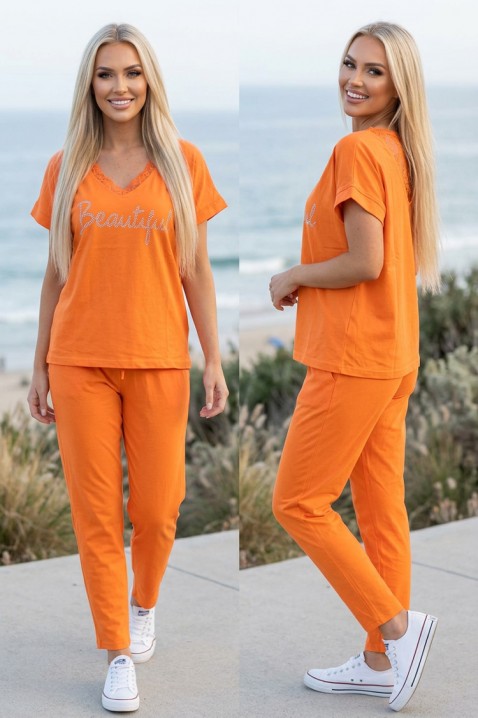 Set damă cu bluză cu decolteu în V cu dantelă și pantaloni SOLARENIA ORANGE, Culoare: portocaliu, IVET.RO - Reduceri de până la -80%