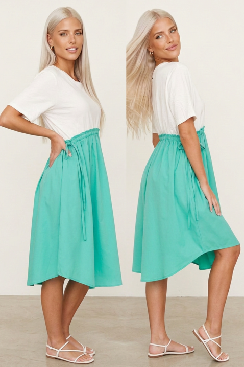 Rochie midi de vară cu legături în talie și mâneci scurte LIVANSA GREEN, Culoare: alb cu verde, IVET.RO - Reduceri de până la -80%