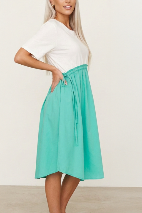 Rochie midi de vară cu legături în talie și mâneci scurte LIVANSA GREEN, Culoare: alb cu verde, IVET.RO - Reduceri de până la -80%