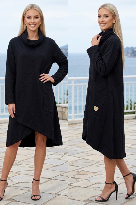 Rochie asimetrică tip tunică cu guler înalt și mânecă 3/4 DEBRINA BLACK, Culoare: negru, IVET.RO - Reduceri de până la -80%