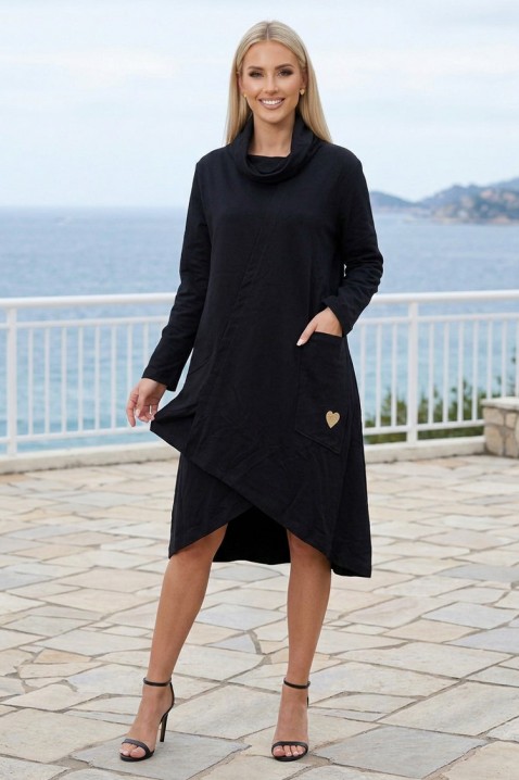Rochie asimetrică tip tunică cu guler înalt și mânecă 3/4 DEBRINA BLACK, Culoare: negru, IVET.RO - Reduceri de până la -80%