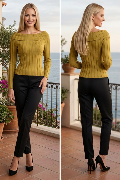 Bluză tricotată pentru femei cu decolteu bărcuță spectaculos și croială ajustată din material rib RAFAELIA OLIVE, Culoare: verde de măslină, IVET.RO - Reduceri de până la -80%