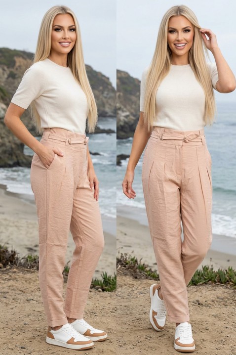 Pantalon sport-elegant de damă cu curea și talie înaltă ZOLTENA BEIGE, Culoare: bej, IVET.RO - Reduceri de până la -80%