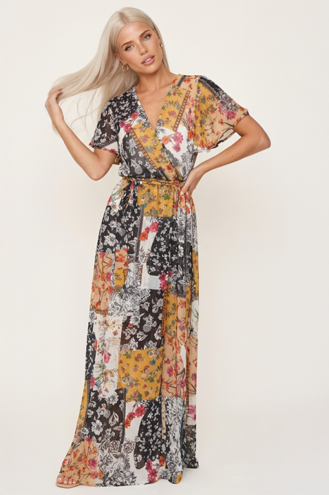 Rochie lungă impresionantă cu imprimeu floral patchwork bogat și mâneci scurte romantice FIORISCA YELLOW, Culoare: multicolor, IVET.RO - Reduceri de până la -80%