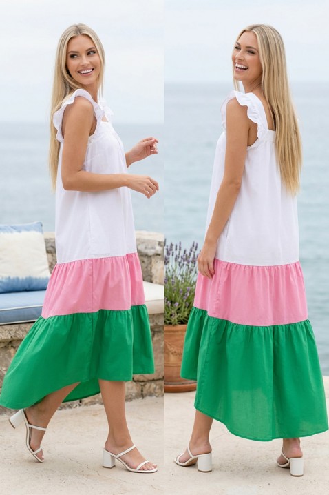 Rochie midi asimetrică, lejeră, cu volane decorative pe umeri GENESIANA GREEN, Culoare: multicolor, IVET.RO - Reduceri de până la -80%
