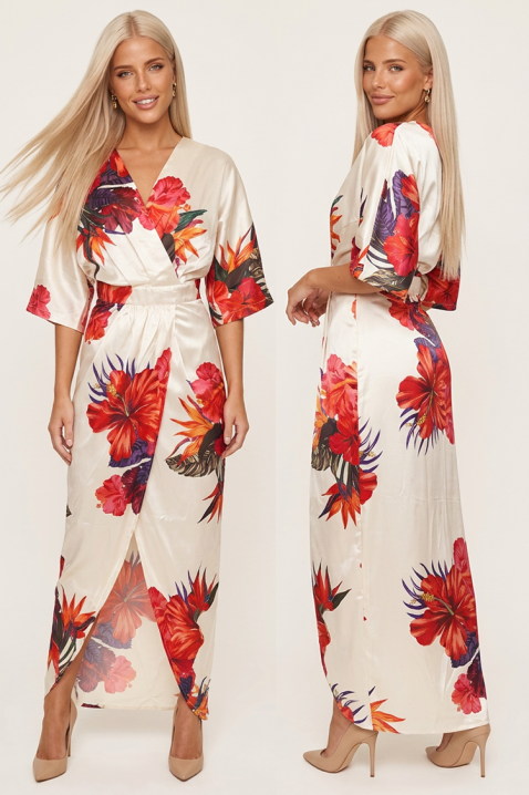 Rochie lungă cu decolteu în V, mâneci scurte largi și imprimeu floral ESMARIA RED, Culoare: multicolor, IVET.RO - Reduceri de până la -80%