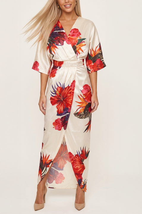 Rochie lungă cu decolteu în V, mâneci scurte largi și imprimeu floral ESMARIA RED, Culoare: multicolor, IVET.RO - Reduceri de până la -80%