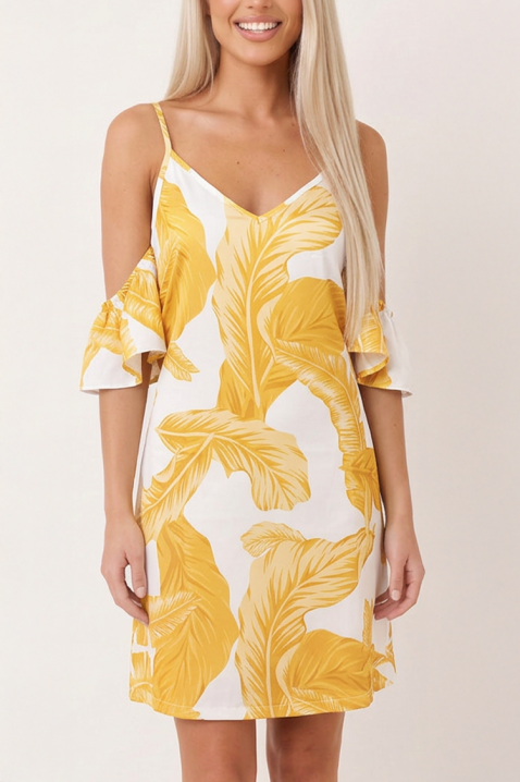 Rochie scurtă fermecătoare cu umeri goi și imprimeu tropical exotic FLORAVESA YELLOW, Culoare: alb cu galben, IVET.RO - Reduceri de până la -80%