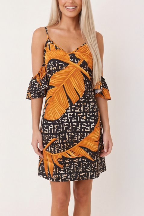 Rochie scurtă fermecătoare cu umeri goi și imprimeu tropical exotic SORELINTA, Culoare: multicolor, IVET.RO - Reduceri de până la -80%