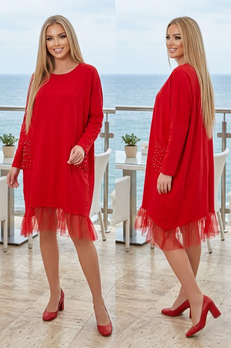 Rochie dreaptă de zi cu buzunare decorative și tiv din tul ISARIANA RED, Culoare: roșu, IVET.RO - Reduceri de până la -80%