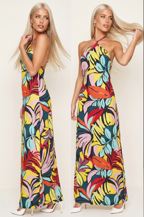 Rochie lungă cu decolteu halter și imprimeu spectaculos PORTEFINIA, Culoare: multicolor, IVET.RO - Reduceri de până la -80%