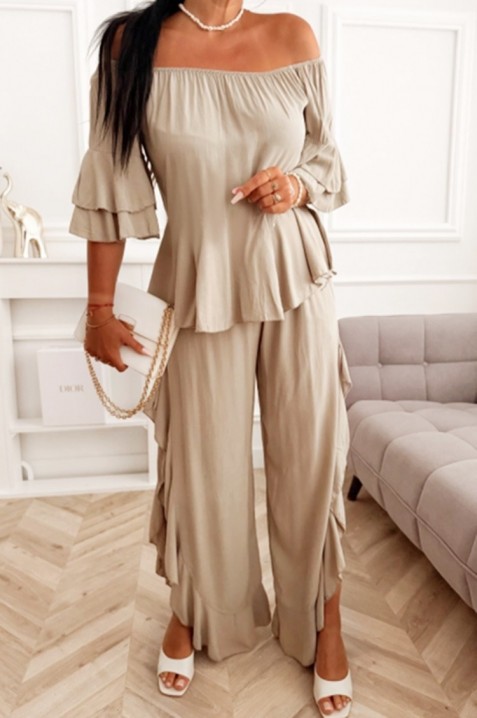 Set damă pentru viata de zi cu zi format dintr-o bluză cu umerii descoperiți și pantaloni largi cu volane VALIRENA BEIGE, Culoare: bej, IVET.RO - Reduceri de până la -80%