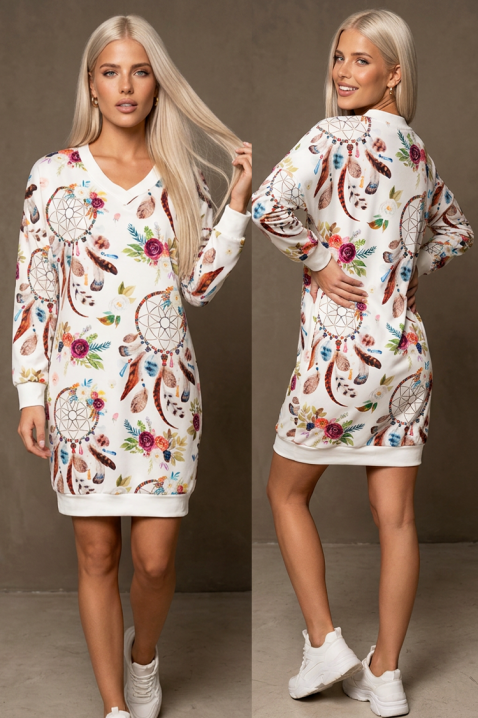 Rochie sport scurtă cu imprimeu floral și decolteu în V cu mâneci lungi IVERIANA WHITE, Culoare: alb, IVET.RO - Reduceri de până la -80%