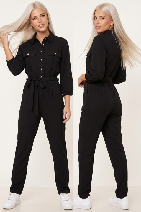 Salopetă damă cu curea în talie și pantaloni lungi VELENZA BLACK, Culoare: negru, IVET.RO - Reduceri de până la -80%