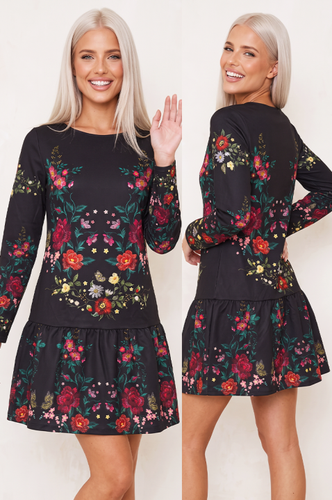 Rochie scurtă cu mâneci lungi și imprimeu floral FIORIELA BLACK, Culoare: negru, IVET.RO - Reduceri de până la -80%