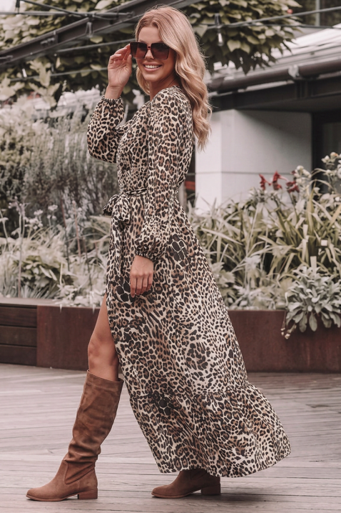 Rochie lungă îndrăzneață cu imprimeu leopard impresionant și fantă laterală seducătoare LEOPARDESA, Culoare: multicolor, IVET.RO - Reduceri de până la -80%