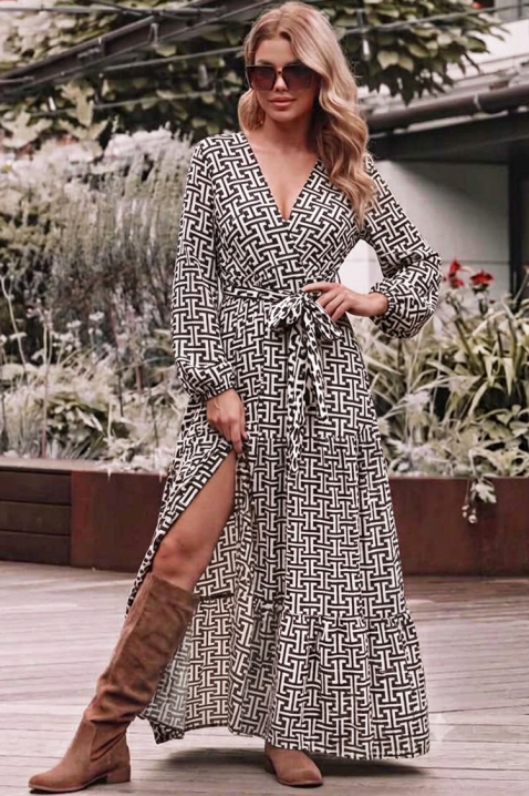 Rochie lungă artistică cu imprimeu geometric spectaculos și șliț lateral înalt ARVESINA, Culoare: negru și alb, IVET.RO - Reduceri de până la -80%