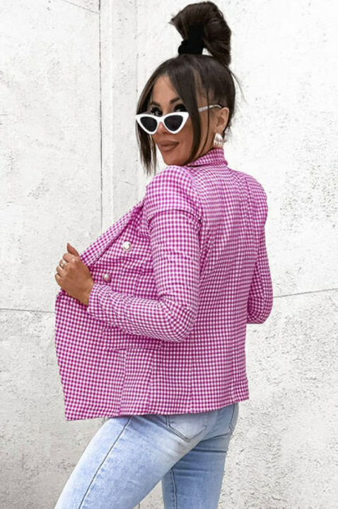 Sacou damă elegant, cambrat, cu închidere dublu rând, model în carouri fine și revere clasice BELAVENZA PINK, Culoare: alb cu roz, IVET.RO - Reduceri de până la -80%