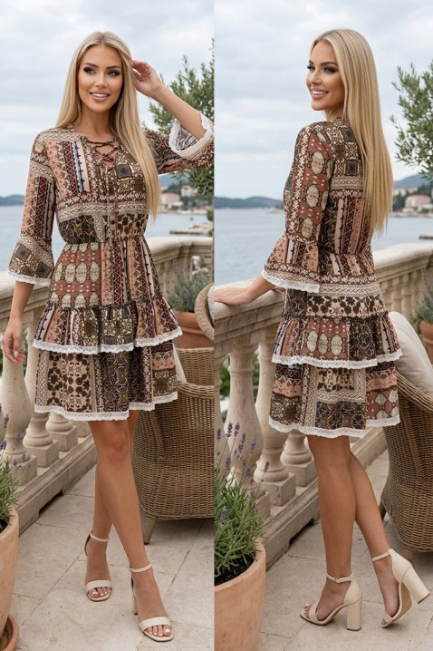 Rochie de vară evazată cu decolteu spectaculos și motive etno STAFORIA BROWN, Culoare: maro cu bej, IVET.RO - Reduceri de până la -80%